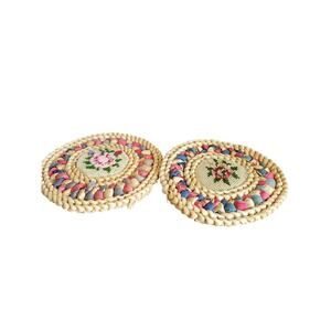 Vintage Corn Husk & Embroidered Woven Trivets – Set of 2